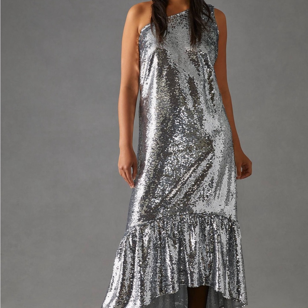 Maeve Silver Sequin Ruffled Halter Gown